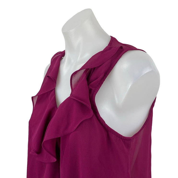 41 Hawthrorn Pink Purple Sleeveless Ruffle V Neck Tank Mesh Sheer Blouse Top M