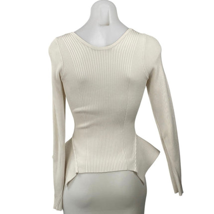 Guess Ivory Ribbed Knit Scoop Neck Long Sleeve Zip Peplum Cardigan Sweater Top M