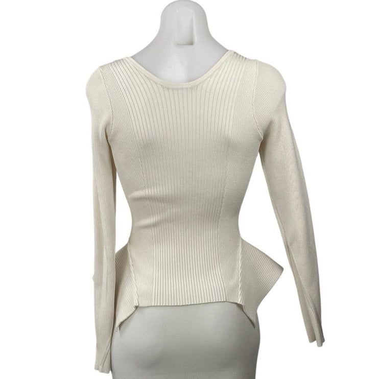 Guess Ivory Ribbed Knit Scoop Neck Long Sleeve Zip Peplum Cardigan Sweater Top M
