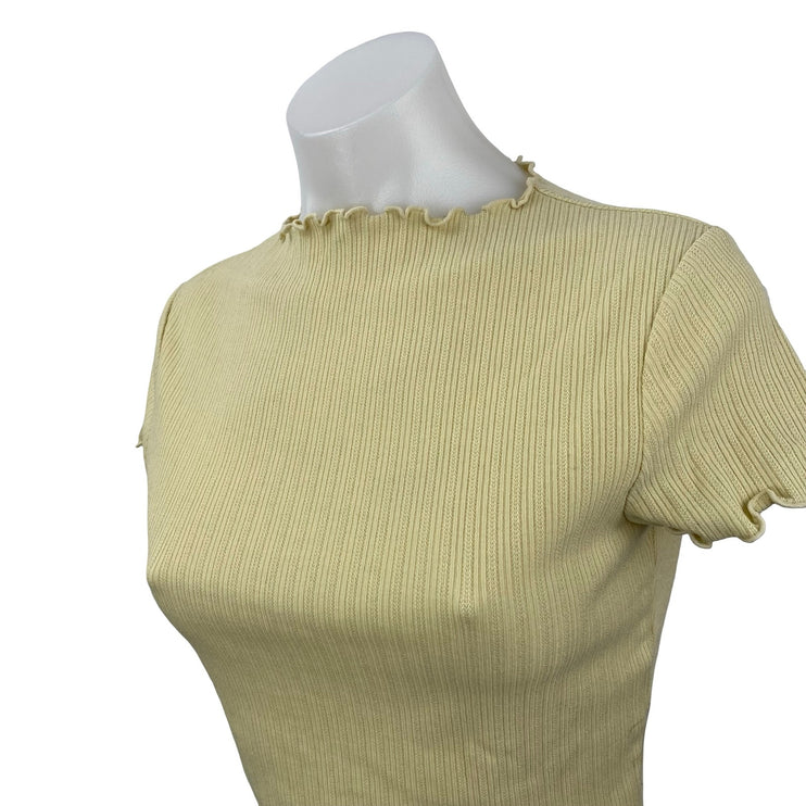 Oak + Fort Yellow Ribbed Lettuce Trim Hem Short Sleeve Crop Tee T-Shirt Top XS