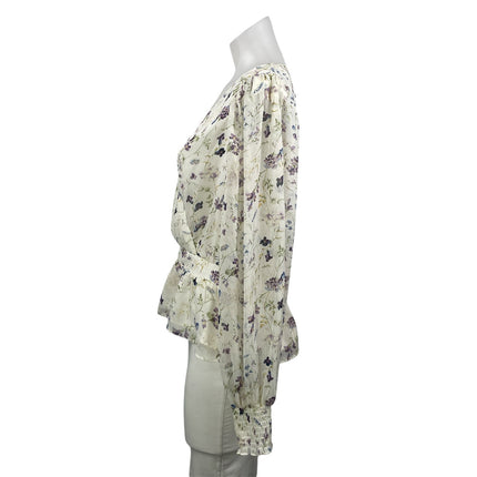 NEW Express Women's White Floral Long Sleeve V Neck Peplum Blouse Top Size M
