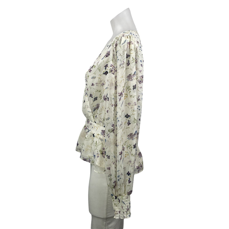 NEW Express Women's White Floral Long Sleeve V Neck Peplum Blouse Top Size M