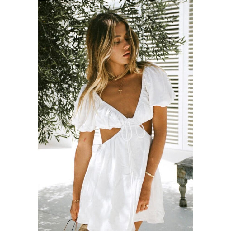 SABO Eilish White Floral Embroidered Cutout Puff Short Sleeve Mini Dress Size XS