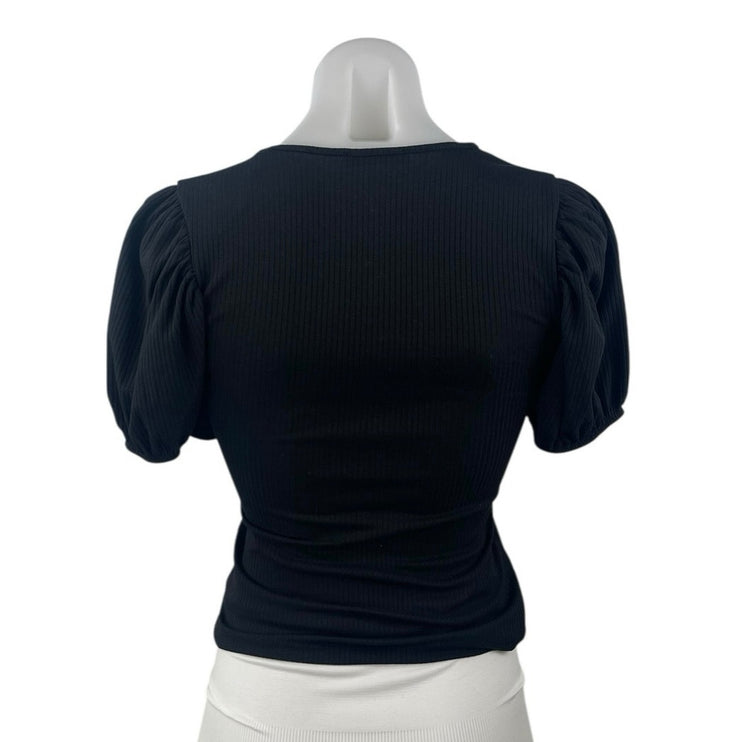 Zara Women's Black Ribbed Knit V-neck Short Puff Sleeve Crop Blouse Top Size S