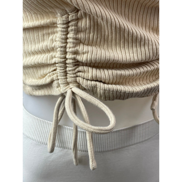 Princess Polly Women's Cream Beige Ribbed Knit V Neck Ruched Crop Top Size 2