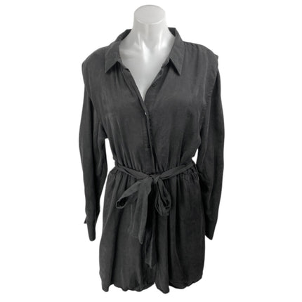 Zara Black Long Sleeve Tie Waist Collared Button Down Mini Shirt Dress Size XL