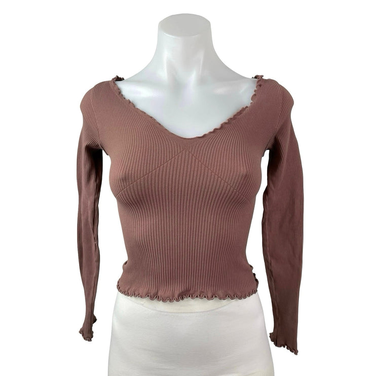 Free People FP Movement Nude Pink Lettuce Rib Knit Long Sleeve Crop Top Sz XS/S