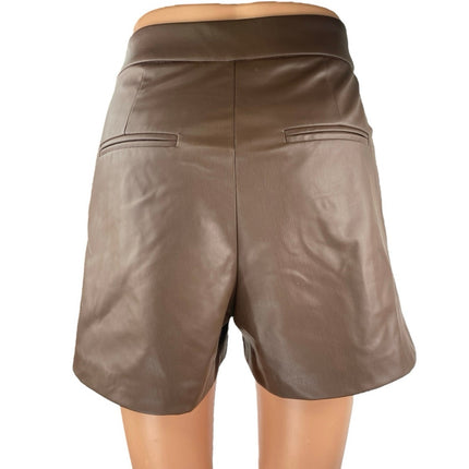 Zara Women's Brown Faux Vegan Leather Pleated High Waisted Wide Leg Shorts Sz XS
