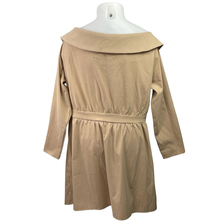 PrettyLittleThing Tan Camel Bardot Belt V Neck Long Sleeve Mini Shift Dress 16