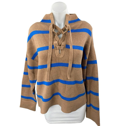 Everlane The Laceup Smock Tan Blue Striped Knit Long Sleeve Sweater Top Size L