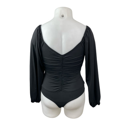 Lulus Women's Black Ruched Sweetheart Neck Long Puff Sleeve Bodysuit Top Size XL