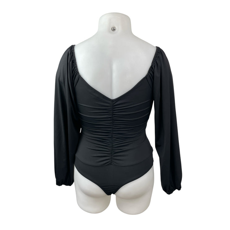 Lulus Women's Black Ruched Sweetheart Neck Long Puff Sleeve Bodysuit Top Size XL