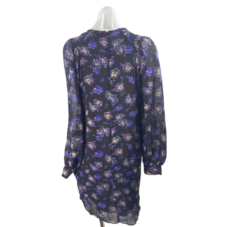 Ganni Women's Purple Floral Pansy Print Long Balloon Sleeve Mini Shift Dress 34