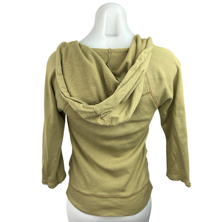 Free People Olive Green Stretch Deep V Neck Faux Wrap Hoodie Sweatshirt Top Sz S