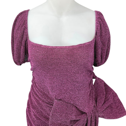 PrettyLittleThing Purple Metallic Sparkly Bow Tie Puff Sleeve Mini Dress Size 16
