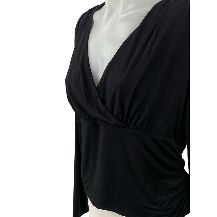 NEW Ann Taylor Women's Black Ruched Wrap Front V Neck Long Sleeve Blouse Top L