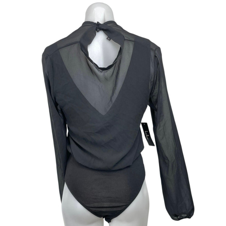 NEW Lulus Women's Black Sheer Mesh Layer Long Sleeve Blouse Bodysuit Top Size S
