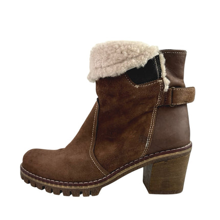 Manas Women's Brown Suede Sherpa Fold Over Buckle Strap Zip Snow Boots 38 US 7.5