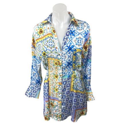 Zara Multicolor Patchwork Floral Long Sleeve Button Down Shirt Mini Dress Sz XS