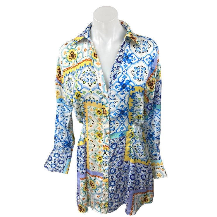 Zara Multicolor Patchwork Floral Long Sleeve Button Down Shirt Mini Dress Sz XS