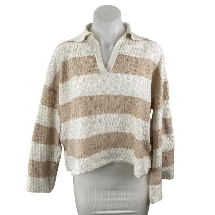 Princess Polly Beige White Striped Textured Knit Long Sleeve Polo Sweater Top 4