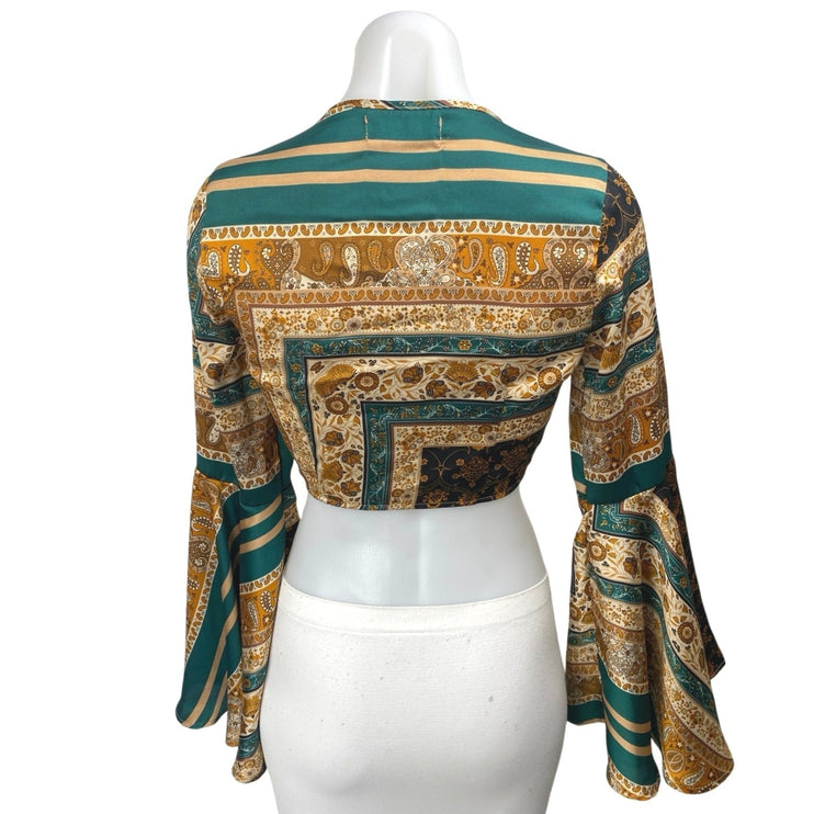 Cider Multicolor Geometric Floral Long Flared Bell Sleeves Crop Blouse Top Sz XS