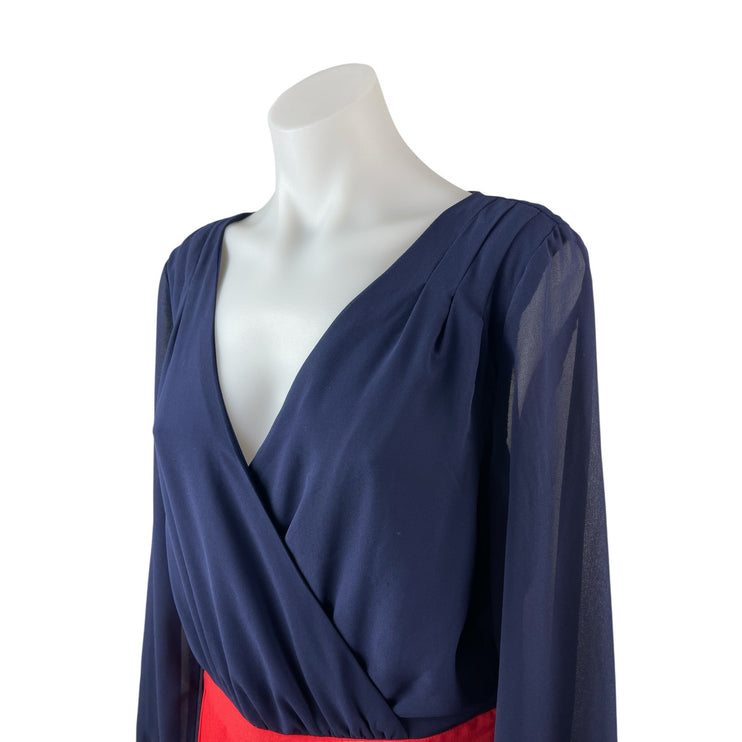Depri Women's Navy Blue Red Long Mesh Sleeve Backless V Neck Romper Shorts Sz L