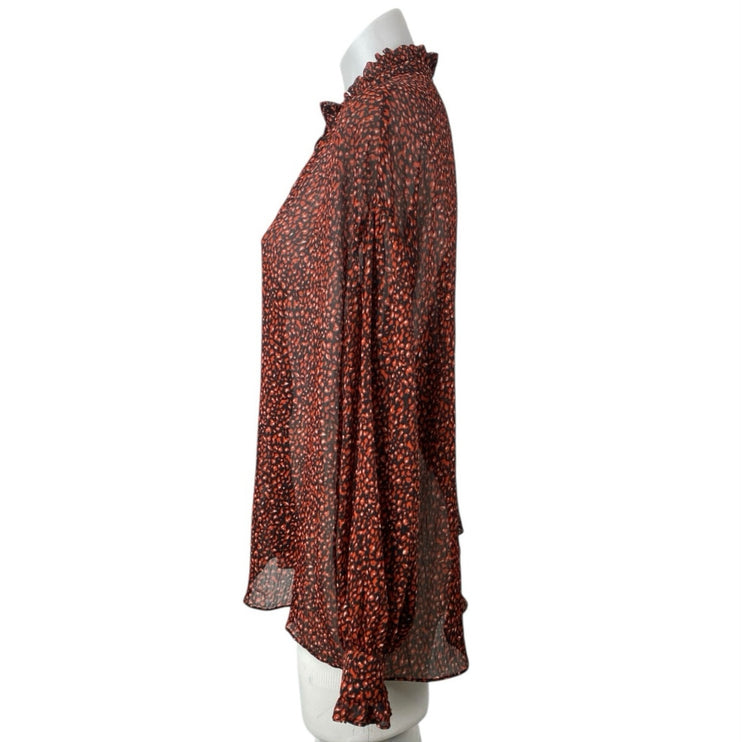 Mango MNG Brown Printed Ruffle Button Up Long Puff Sleeve Sheer Blouse Top Sz 4