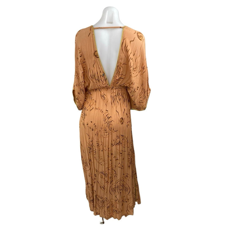 Z&L Tan Long Dolman Sleeve V Neck Pleated Open Back Blouson Maxi Dress Size S