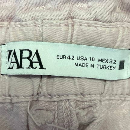 Zara Women's Pink Denim High Rise Straight Leg Paper Bag Trousers Pants Jeans 10