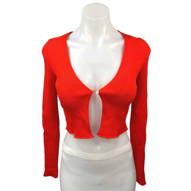 Zara Red Ribbed One Button Long Sleeve Stretch Knit Cardigan