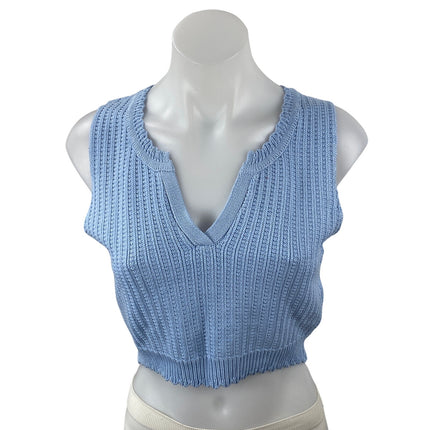 Miss Love Blue Rib Waffle Knit V Neck Sleeveless Cropped Sweater Vest Top Size M