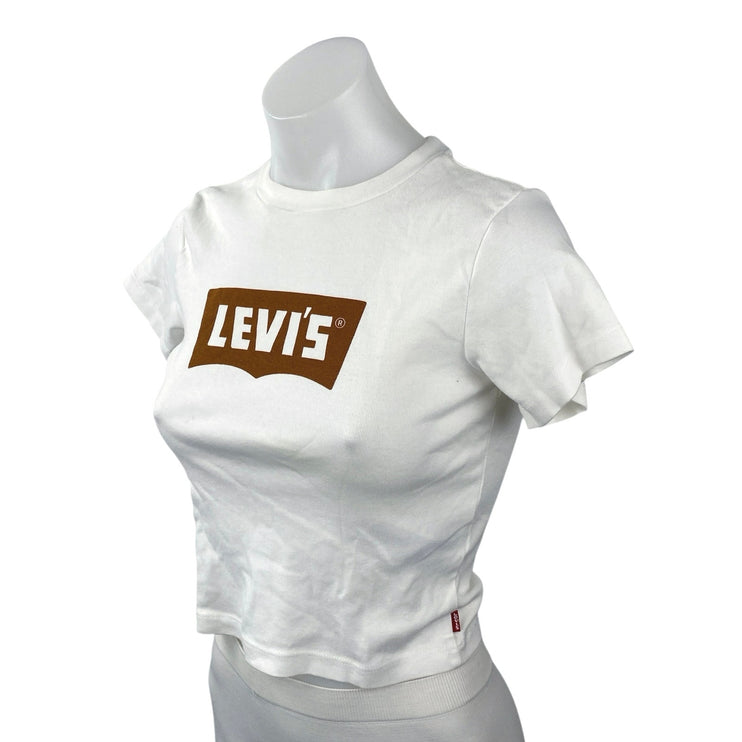 Levi's Women's White Logo Print Short Sleeve Crew Neck Baby Tee T Shirt Top XS