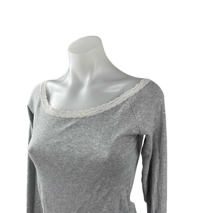 Brandy Melville Women's Gray Floral Lace Trim Knit Long Sleeve Blouse Top Size S