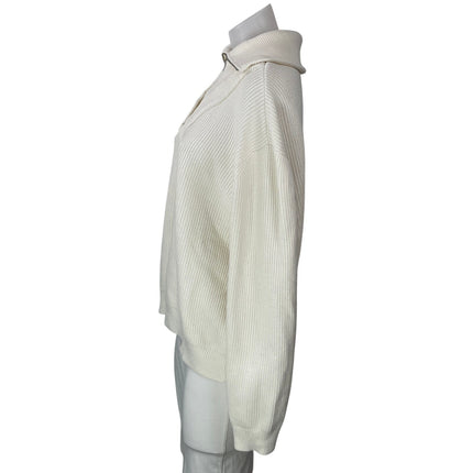MNG Mango Womens White Ribbed Knit 1/4 Zip Collar Long Sleeve Sweater Top Size L