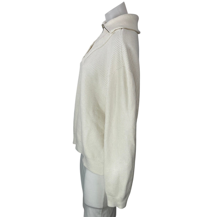 MNG Mango Womens White Ribbed Knit 1/4 Zip Collar Long Sleeve Sweater Top Size L