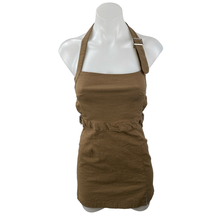 Zara Women's Tan Buckle Strap Halter Sleeveless Square Neck Mini Bodycon Dress S