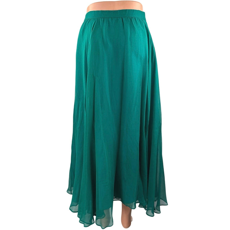 Women's Green 100% Silk High Waisted Mesh Pleated A Line Midi Skirt Size 12