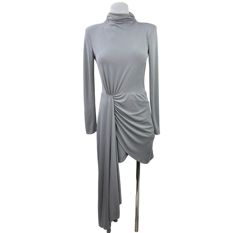 Zara Grey Long Sleeve Turtle Neck Drape Knit Gathered Asymmetric Short Dress XS