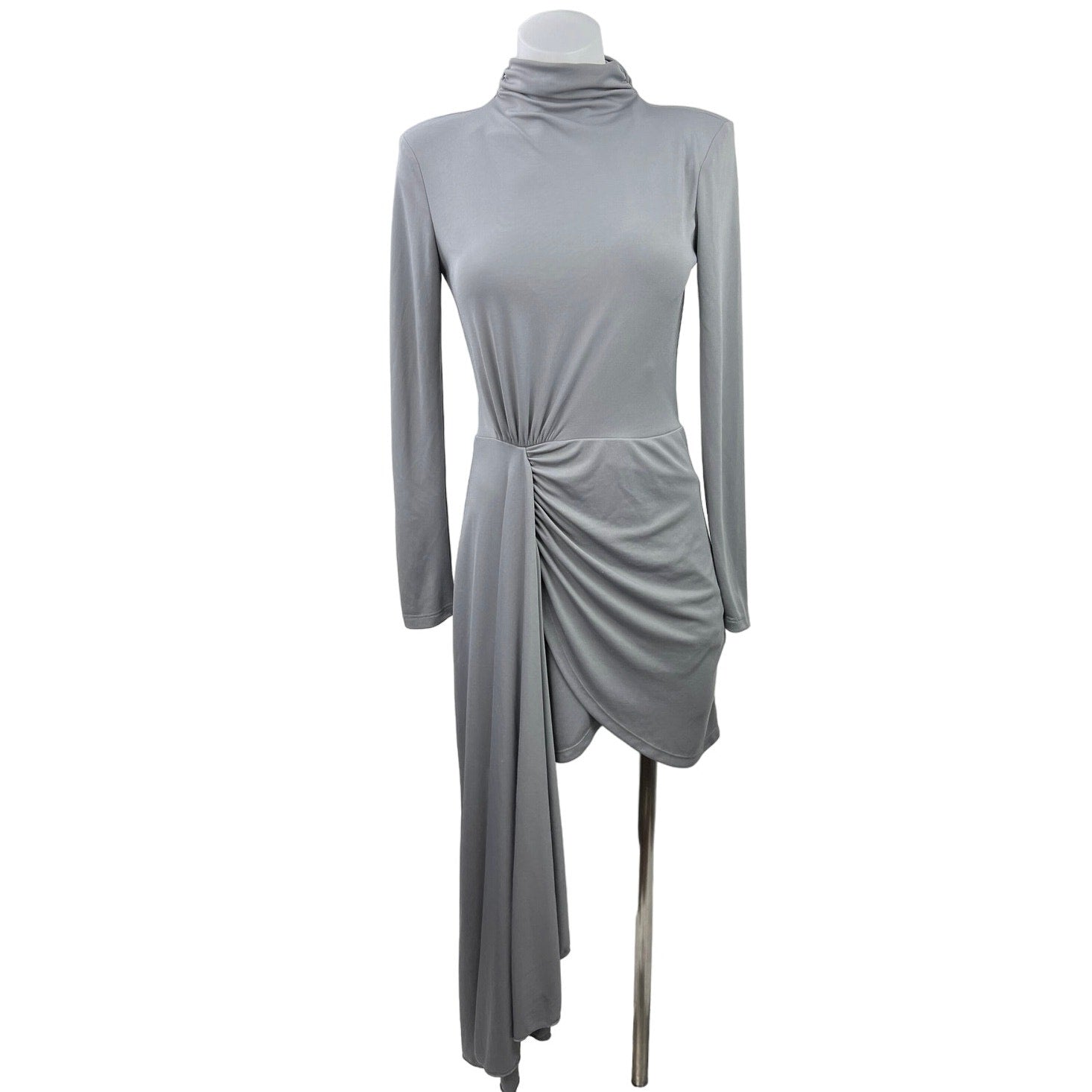 Zara Grey Long Sleeve Turtle Neck Drape Knit Gathered Asymmetric Short Dress XS Zara Grey Long Sleeve Turtle Neck Drape Knit Gathered Asymmetric Short Dress XS