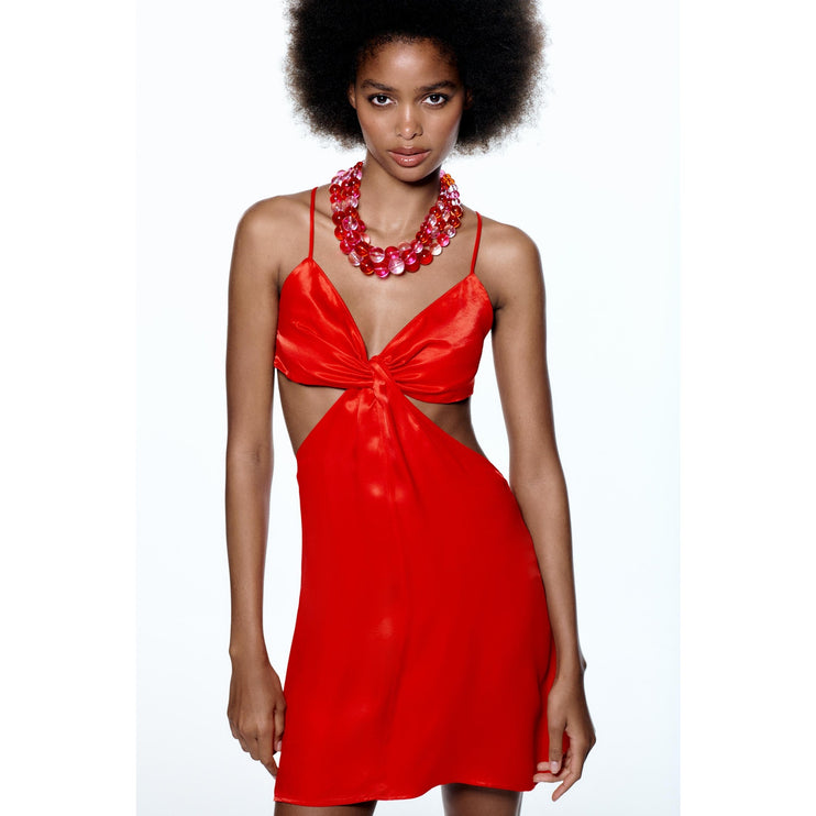 Zara Red Sleeveless Silk Satin-Effect Cutout Cross Back Knot Slip Mini Dress S