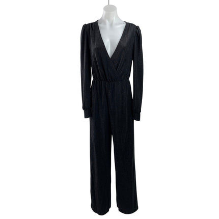 MNG Mango Black Long Sleeve V Neck Glitter Sparkly Wide Leg Jumpsuit Size S