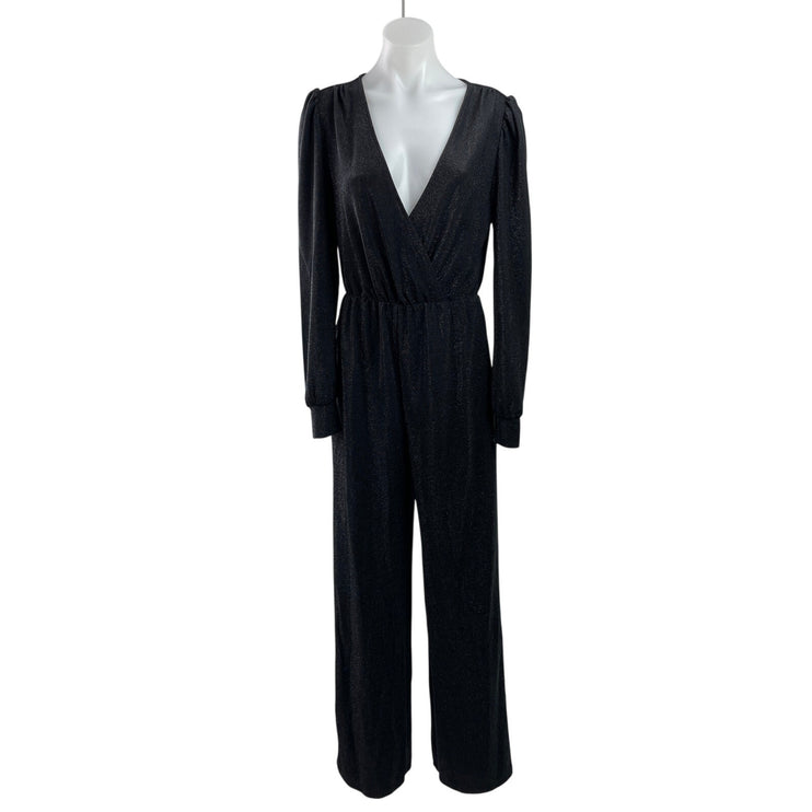 MNG Mango Black Long Sleeve V Neck Glitter Sparkly Wide Leg Jumpsuit Size S