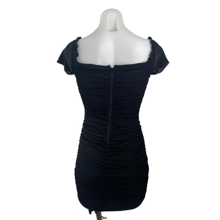 Windsor Black Mesh Ruched Sweetheart Ruffled Cap Sleeve Mini Bodycon Dress Sz S