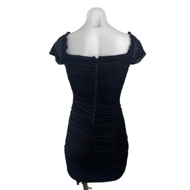 Windsor Black Mesh Ruched Sweetheart Ruffled Cap Sleeve Mini Bodycon Dress Sz S