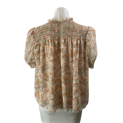 Aritzia Wilfred Wuthering Beige Blue Short Sleeves Floral Smocked Blouse Top S