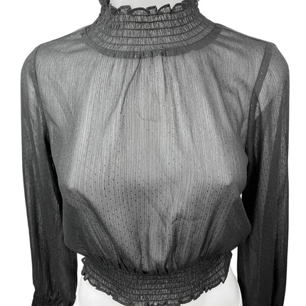 Style State Black Semi Sheer Turtleneck Smocked Long Sleeve Blouse Top Size 6