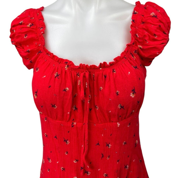 NEW En Creme Red Floral Ruffle Short Sleeve Empire Waist Mini Sheath Dress Sz S