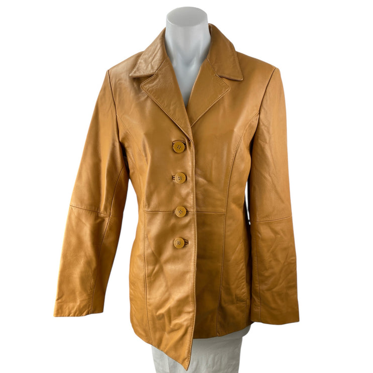 Wilsons 100% Leather Womens Tan Brown Button Down Long Sleeve Coat Jacket Size S