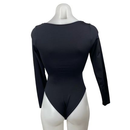 Zara Women's Black Center Ruched Deep V Neck Long Sleeve Slim Bodysuit Top Sz S